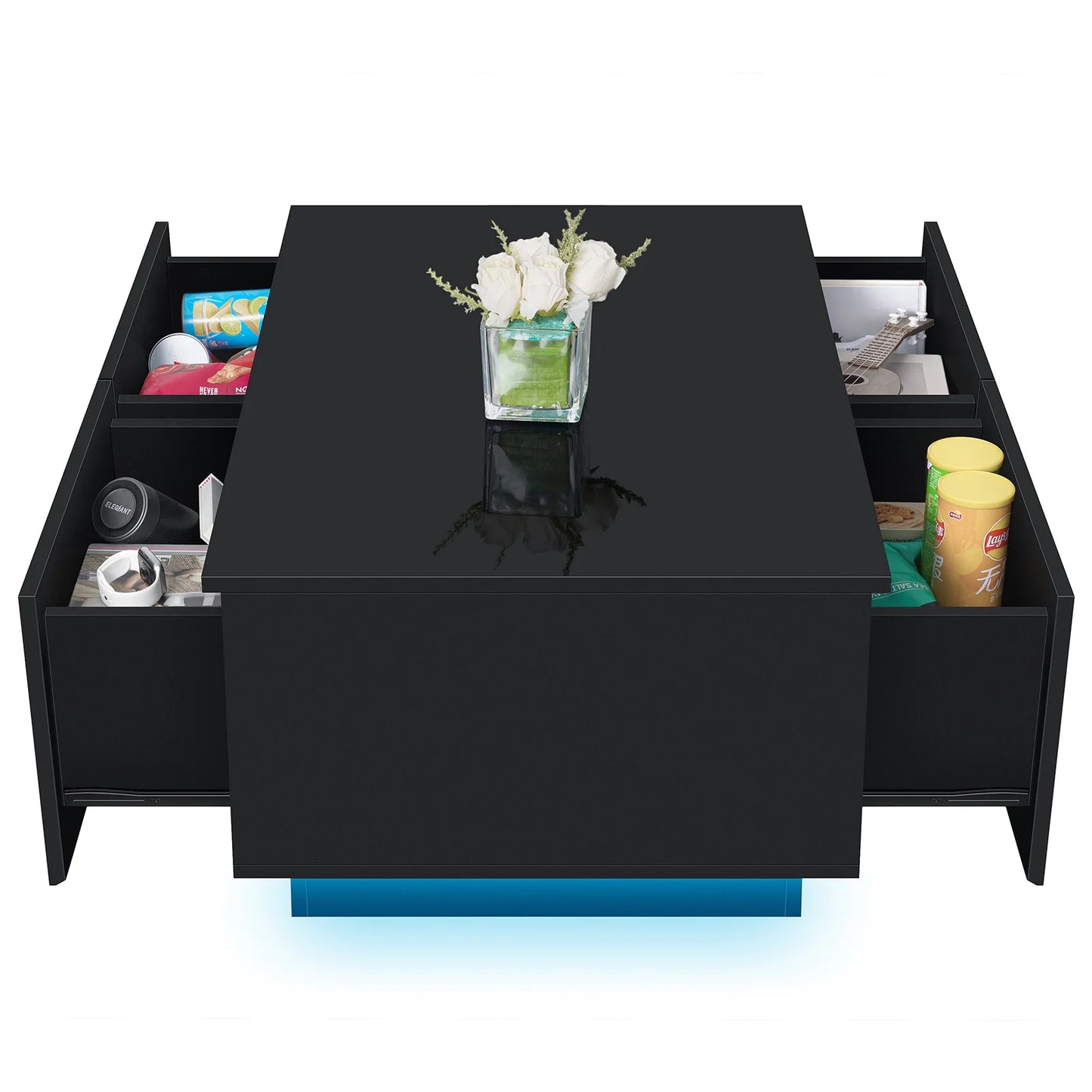 Coffee Table with 4 Drawers LED Center Cocktail Table Black High Gloss Finish