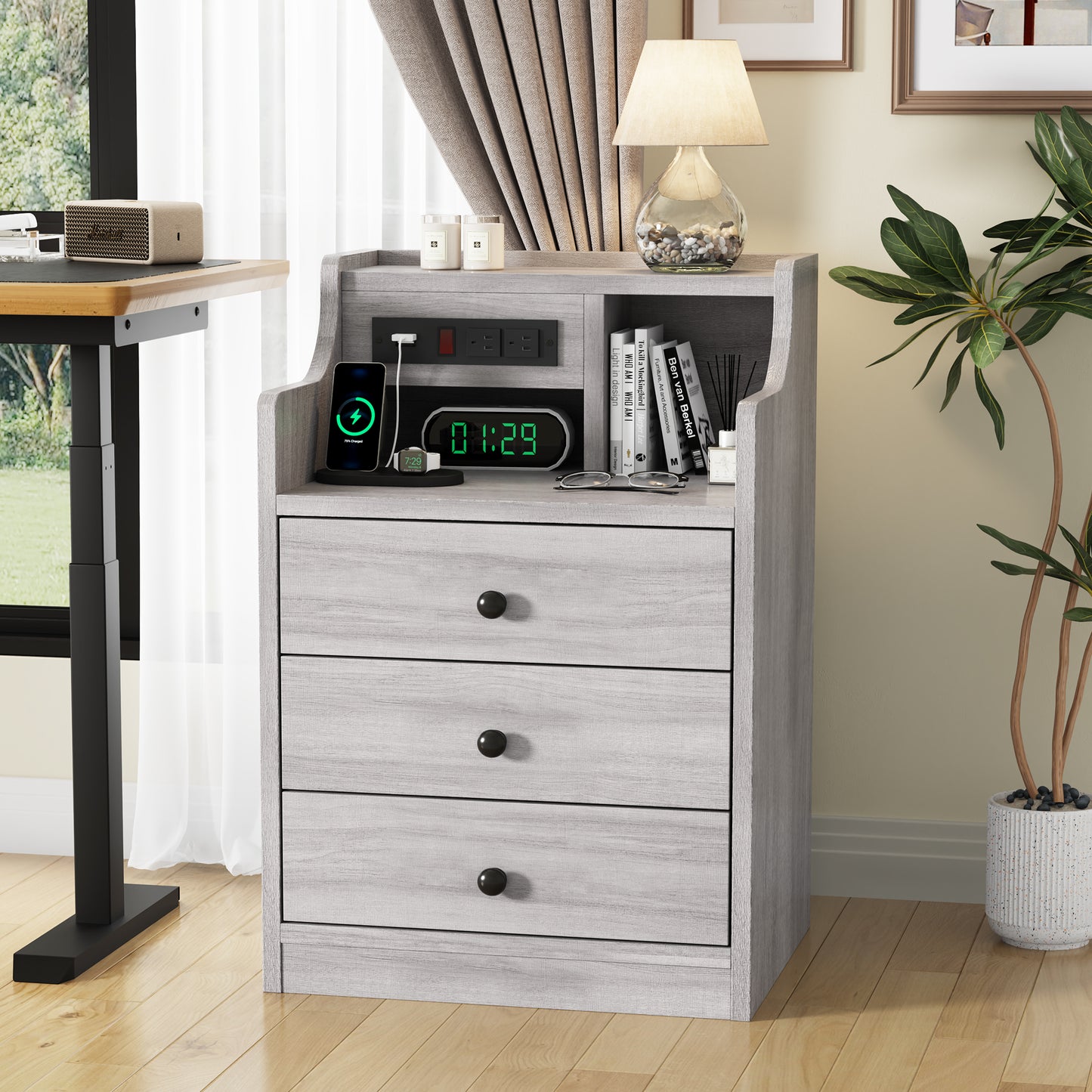 Nightstand with Charging Station for Bedroom, Bedside Table Night Stand with Hutch and Storage Drawers, Gray