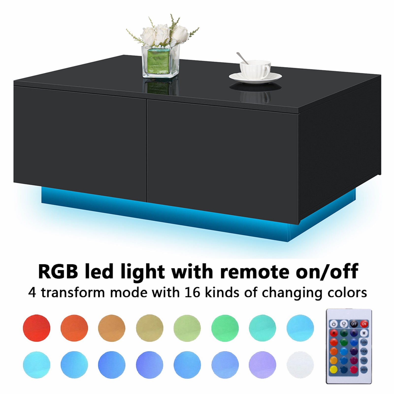 Coffee Table with 4 Drawers LED Center Cocktail Table Black High Gloss Finish