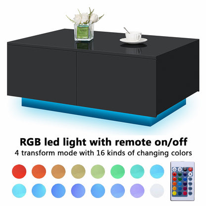 Coffee Table with 4 Drawers LED Center Cocktail Table Black High Gloss Finish