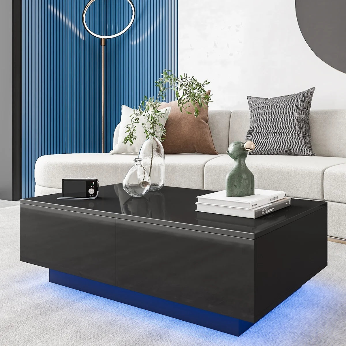 Coffee Table with 4 Drawers LED Center Cocktail Table Black High Gloss Finish