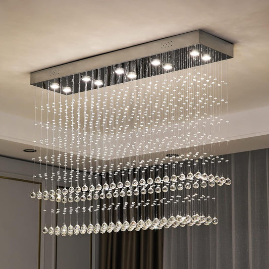 Modern Rectangular Crystal Chandelier Ceiling Lighting Fixture Raindrop Pendant 12 Lights Rectangle Crystal Chandeliers for Dining Rooms Foyer Entryway Kitchen L 47" X W 12" X H 35.5"