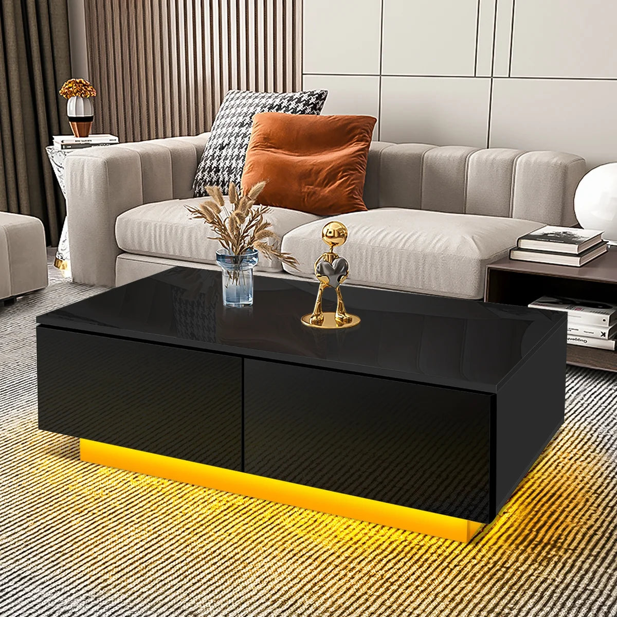 Coffee Table with 4 Drawers LED Center Cocktail Table Black High Gloss Finish