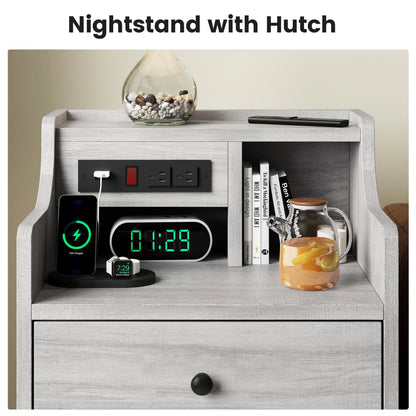 Nightstand with Charging Station for Bedroom, Bedside Table Night Stand with Hutch and Storage Drawers, Gray