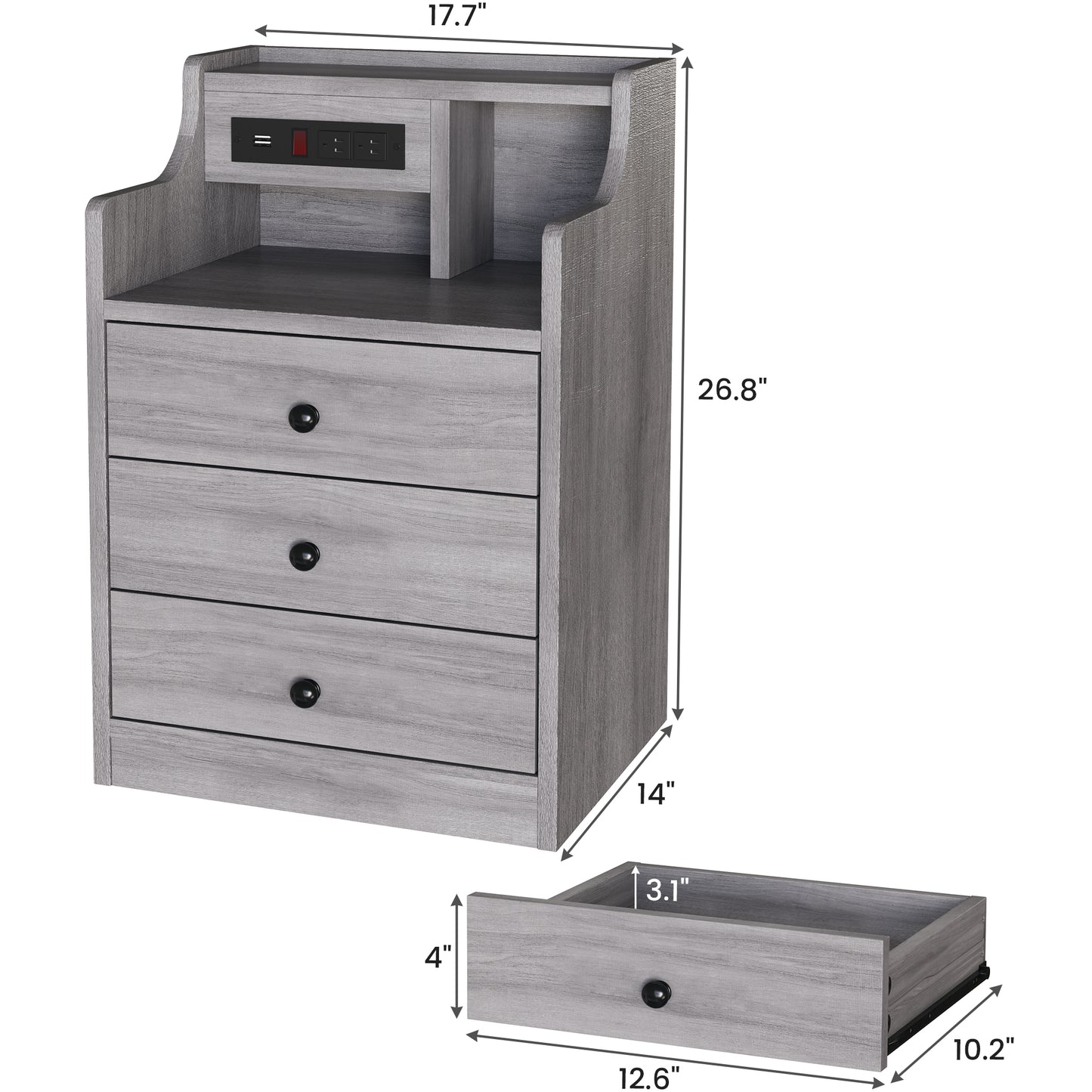 Nightstand with Charging Station for Bedroom, Bedside Table Night Stand with Hutch and Storage Drawers, Gray