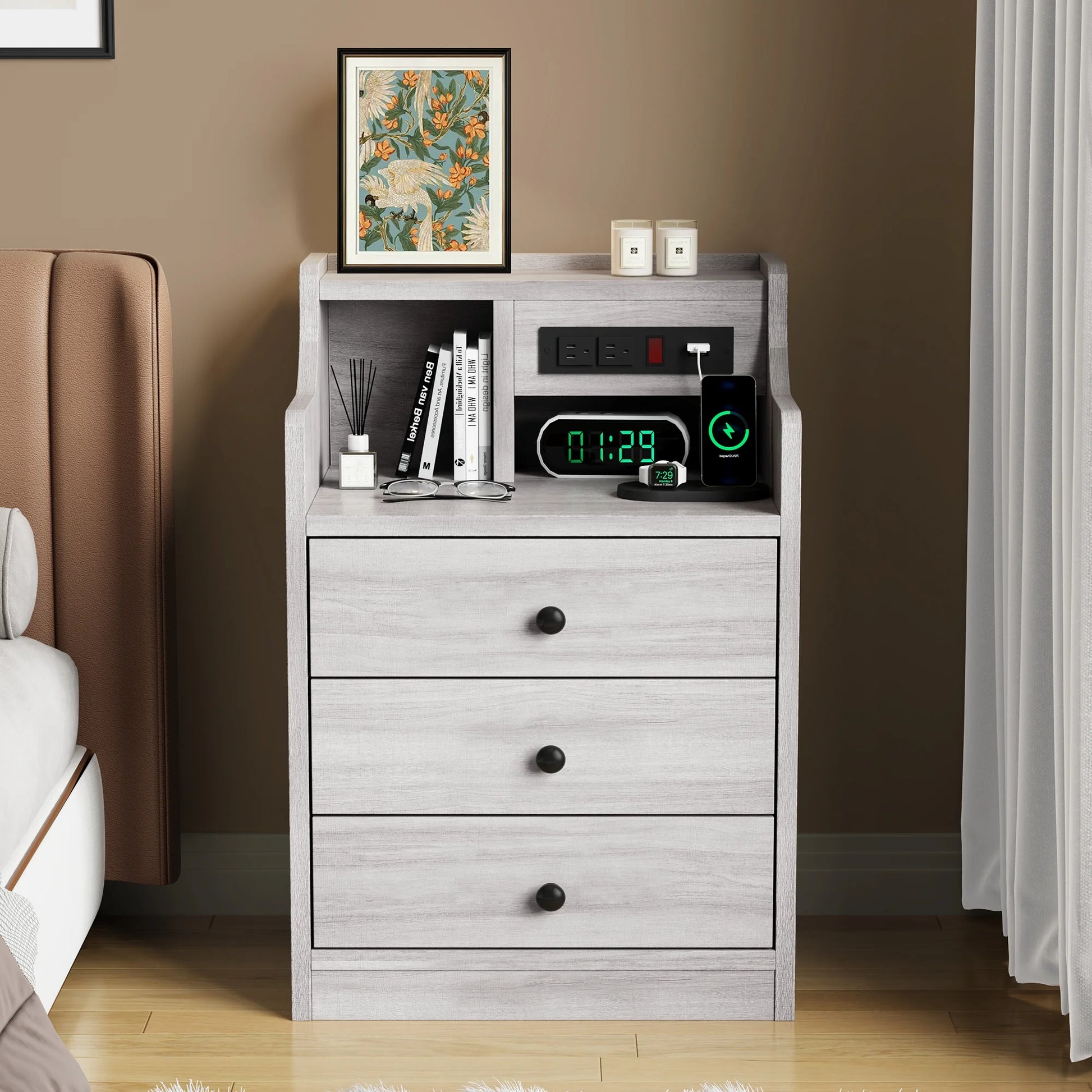 Nightstand with Charging Station for Bedroom, Bedside Table Night Stand with Hutch and Storage Drawers, Gray