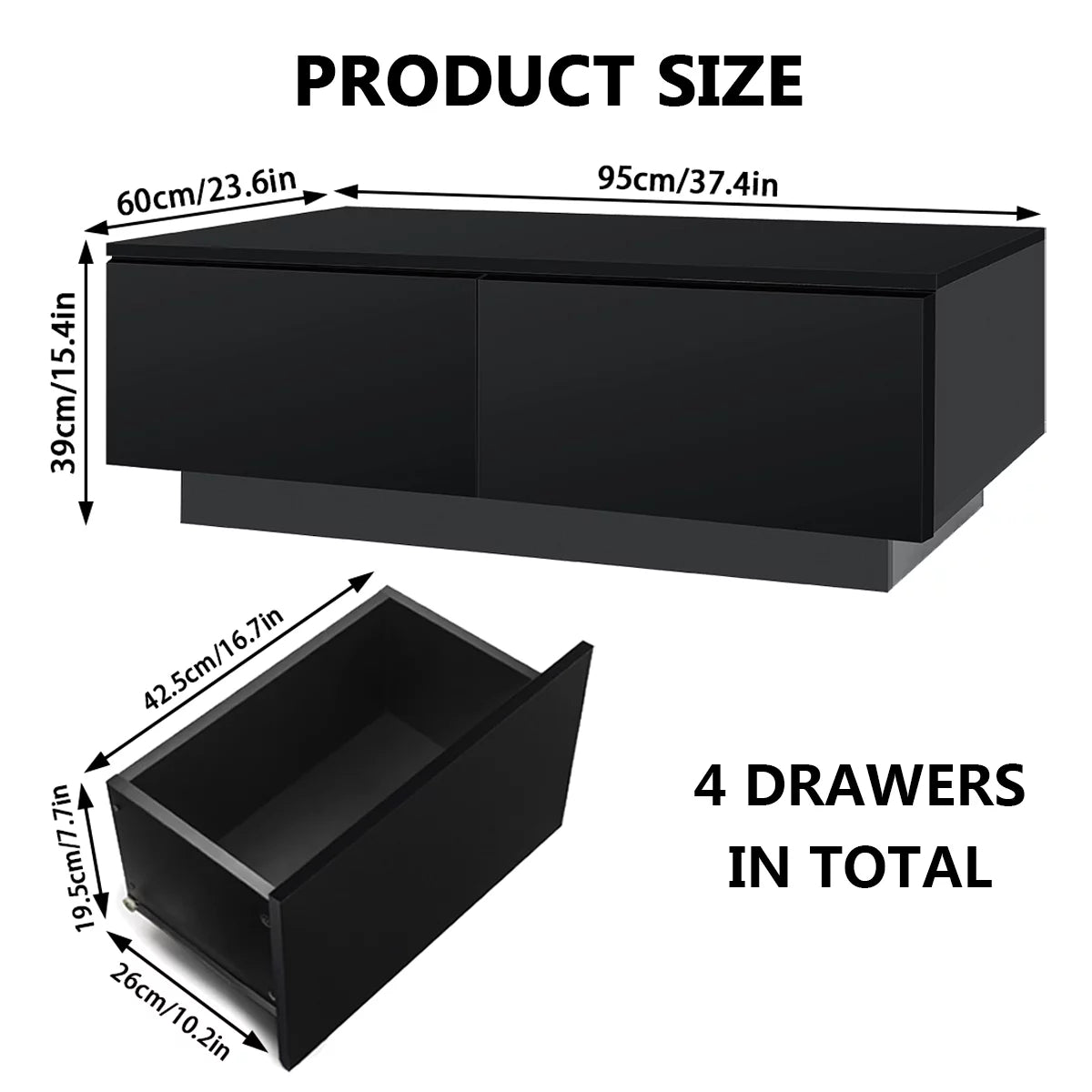 Coffee Table with 4 Drawers LED Center Cocktail Table Black High Gloss Finish