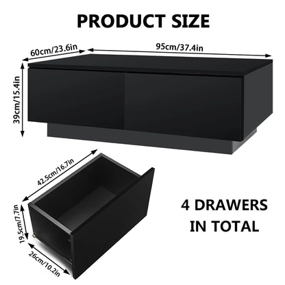 Coffee Table with 4 Drawers LED Center Cocktail Table Black High Gloss Finish