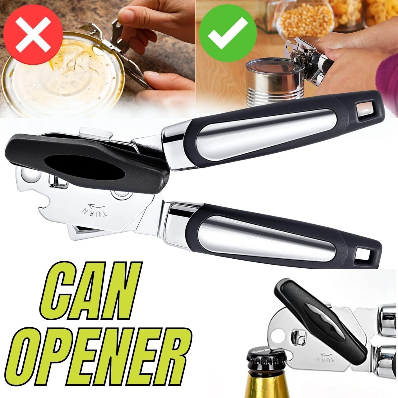 Manual Can Opener Smooth Edge Heavy Duty Stainless Steel Blades Beer Opener