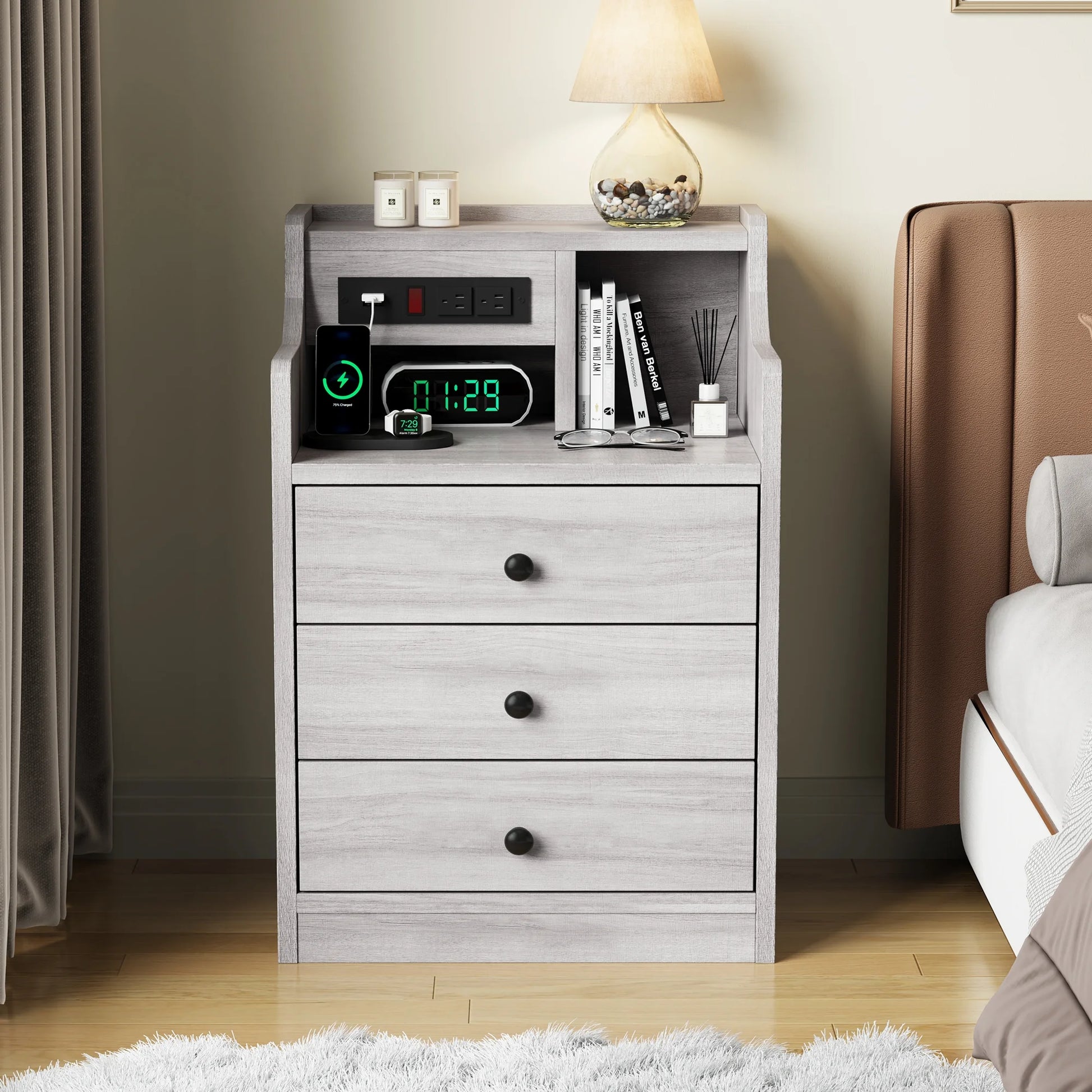 Nightstand with Charging Station for Bedroom, Bedside Table Night Stand with Hutch and Storage Drawers, Gray