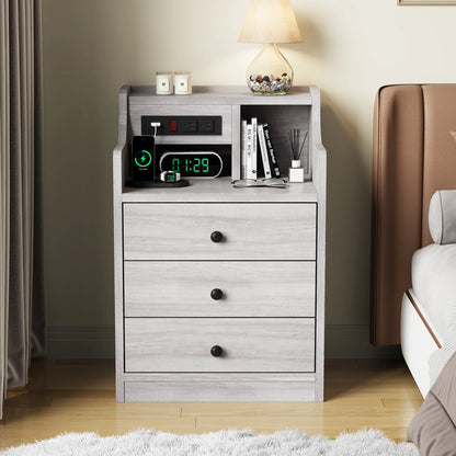 Nightstand with Charging Station for Bedroom, Bedside Table Night Stand with Hutch and Storage Drawers, Gray